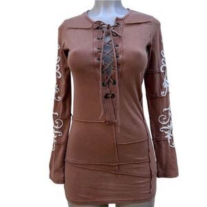 Vtg Bejeweled By Susan Pixel Top Women's Small Tan Embroidered Filigree Lace-up